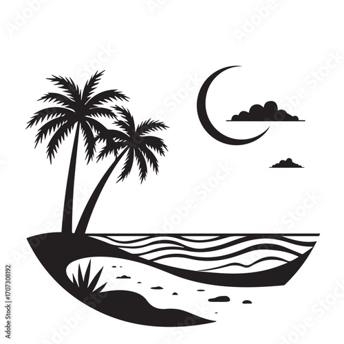 vector illustration of a tropical beach, palm, beach, tree, sea, tropical, summer, island, sun, vector, ocean, nature, illustration, travel, landscape, water, sunset, sky, sand, vacation, silhouette, 