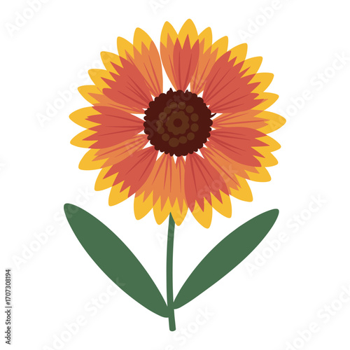 Colorful sunflower blossom with leaves on a – flat illustration