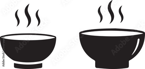 Two Black Bowls with Steam on White Background food