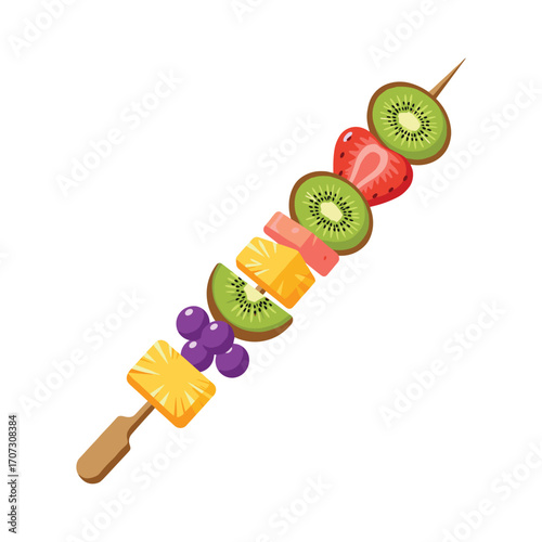 Colorful fruit skewer with kiwi, pineapple, grapes, and melon – flat illustration
