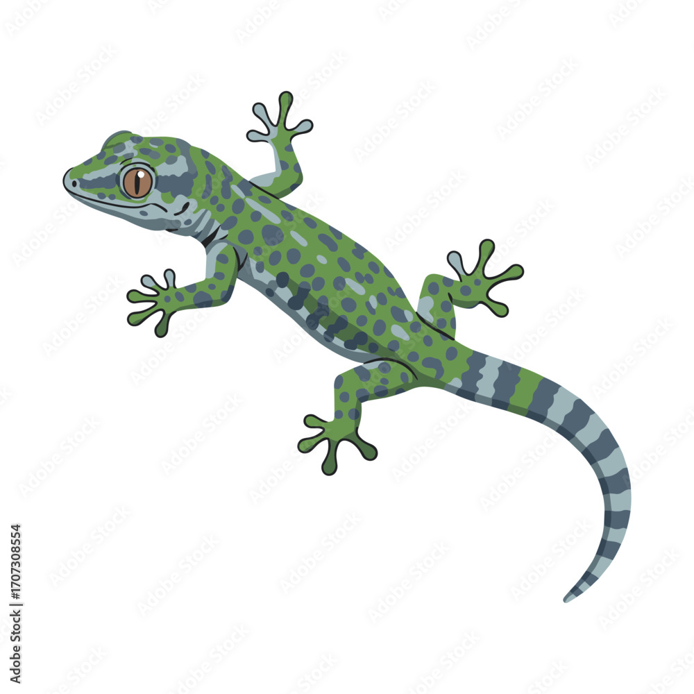 Fototapeta premium Colorful green and blue spotted gecko illustration – flat illustration