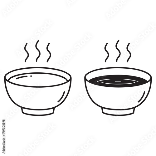 Two steaming bowls of soup or broth vector illustration
