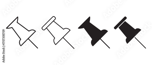push pin icons set. in black and white isolated on white background.