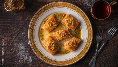 Four Portions of Traditional Turkish Baklava with Pistachios and Honey Syrup on an Ornate Plate