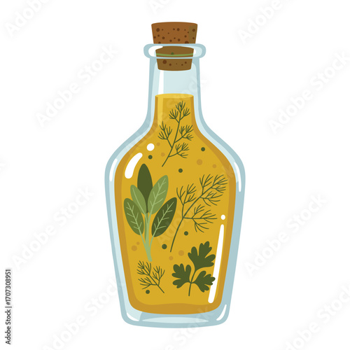 Herb infused oil in decorative glass bottle with cork stopper – flat illustration