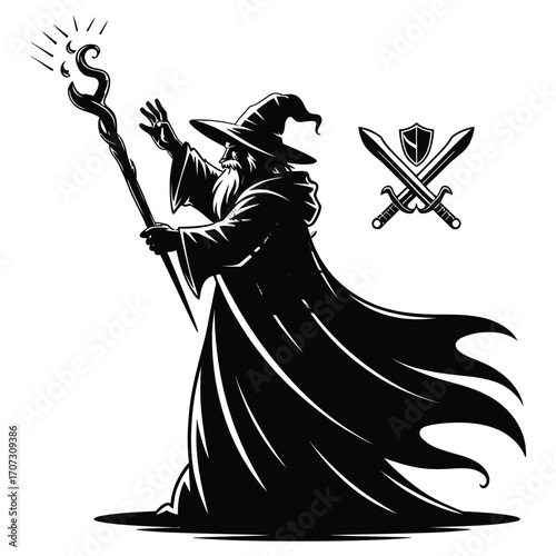 A wizard casting a spell with a glowing staff flat vector style silhouette, Mystical Wizard Spellcasting with Glowing Staff Vector
