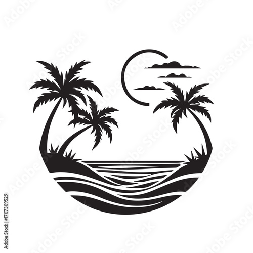 vector illustration of a tropical beach, palm, beach, tree, sea, tropical, summer, island, sun, vector, ocean, nature, illustration, travel, landscape, water, sunset, sky, sand, vacation, silhouette, 