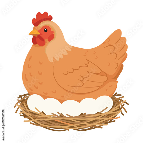 Cartoon chicken nesting on eggs with straw nest – flat illustration