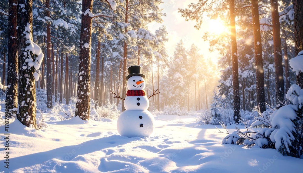 Obraz premium A jovial snowman stands in a sunlit, snow-covered forest. Evergreen trees and sunlight create a winter wonderland scene