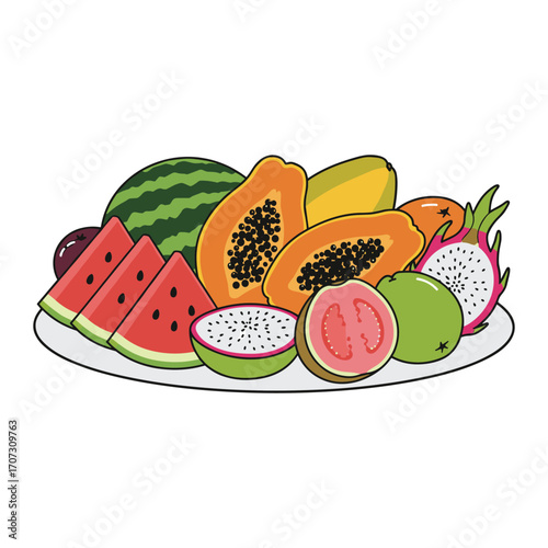 Colorful tropical fruit platter with watermelon, papaya, and dragon fruit – flat illustration