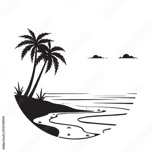 vector illustration of a tropical beach, palm, beach, tree, sea, tropical, summer, island, sun, vector, ocean, nature, illustration, travel, landscape, water, sunset, sky, sand, vacation, silhouette, 