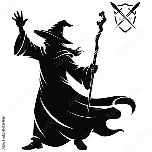 A wizard casting a spell with a glowing staff flat vector style silhouette, Mystical Wizard Spellcasting with Glowing Staff Vector