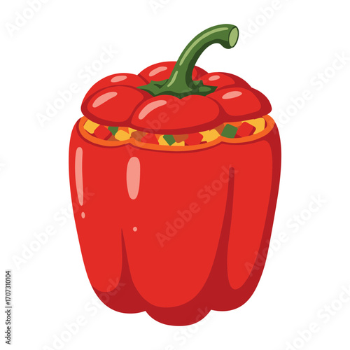 Colorful stuffed red bell pepper with diced vegetables – flat illustration