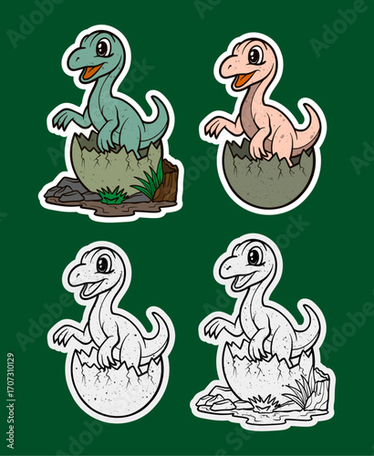 baby dinosaur stepping out of egg on twig nest sticker illustration