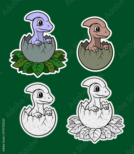 baby dinosaur emerging from egg in leafy nest sticker illustration