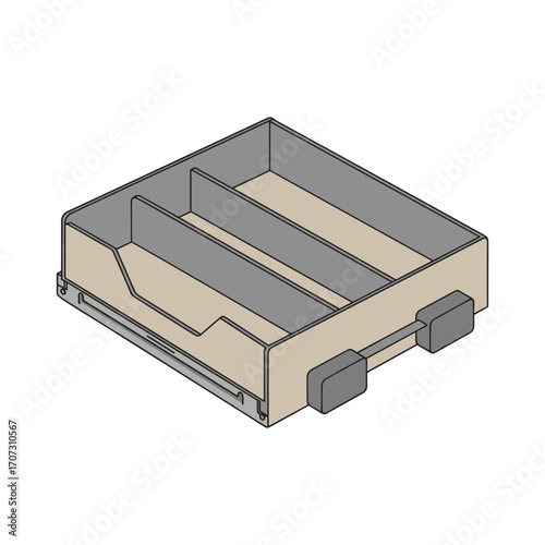 Empty beige compartment drawer with gray dividers and handles – flat illustration