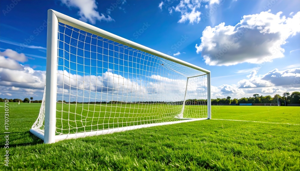 Fototapeta premium Soccer goal on a vibrant green field under a bright blue sky