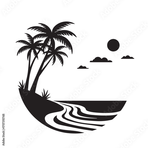 vector illustration of a tropical beach, palm, beach, tree, sea, tropical, summer, island, sun, vector, ocean, nature, illustration, travel, landscape, water, sunset, sky, sand, vacation, silhouette, 