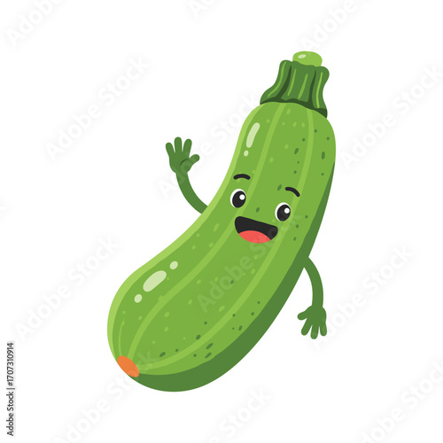 Happy cartoon zucchini character waving – flat illustration