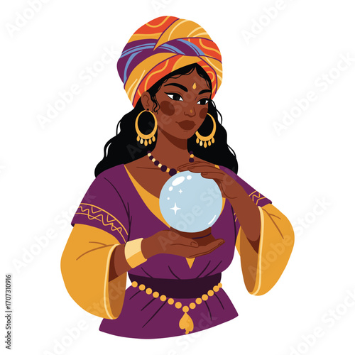 African female fortune teller holding crystal ball in traditional attire – flat illustration