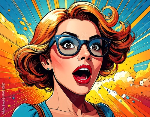 Woman with surprised expression, vibrant comic style
