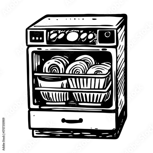 A vintage style illustration showing dishwasher