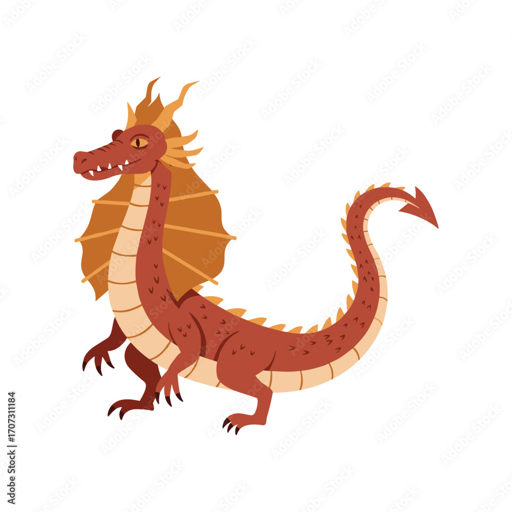 Obraz premium Illustrated fantasy dragon with spiked tail and wings – flat illustration