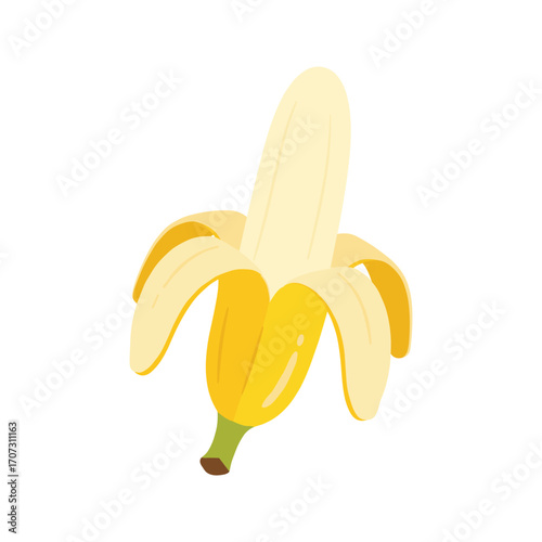 Illustrated open banana on white background with yellow peel – flat illustration
