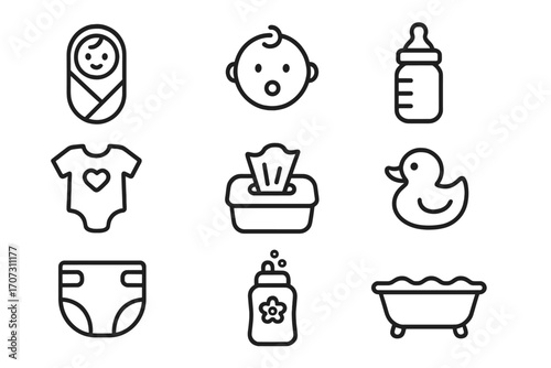 Basic baby care icons in modern minimalist linear design. Vector illustration set with newborn essentials. Childcare symbols include diaper, bottle, bath, clothes, and wipes.