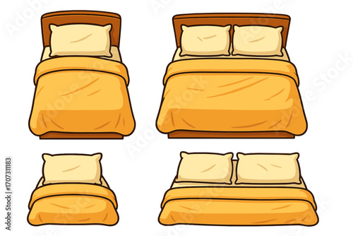 Bed and bedding vector set for interior design. Cartoon illustration of single and double beds with pillows and duvet from top and front view. Bedroom furniture icon collection.