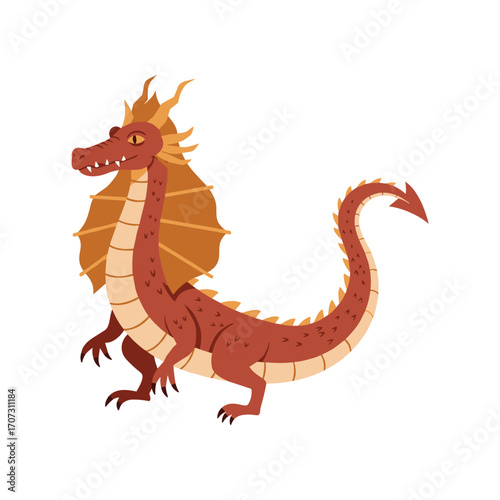 Illustrated fantasy dragon with spiked tail and wings – flat illustration
