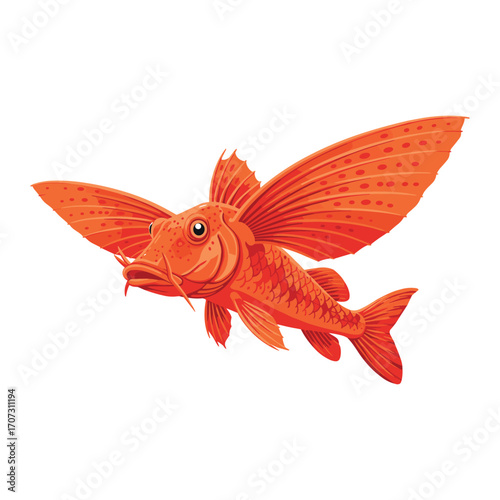 Illustrated vibrant orange flying fish with detailed fins and whiskers – flat illustration