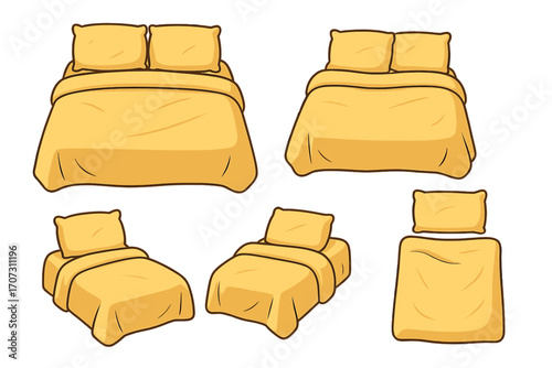 Bedding vector illustration set. Cartoon bed with pillows and blanket in various sizes and angles. Double and single beds. Bedroom furniture for sleep, rest, and decoration.
