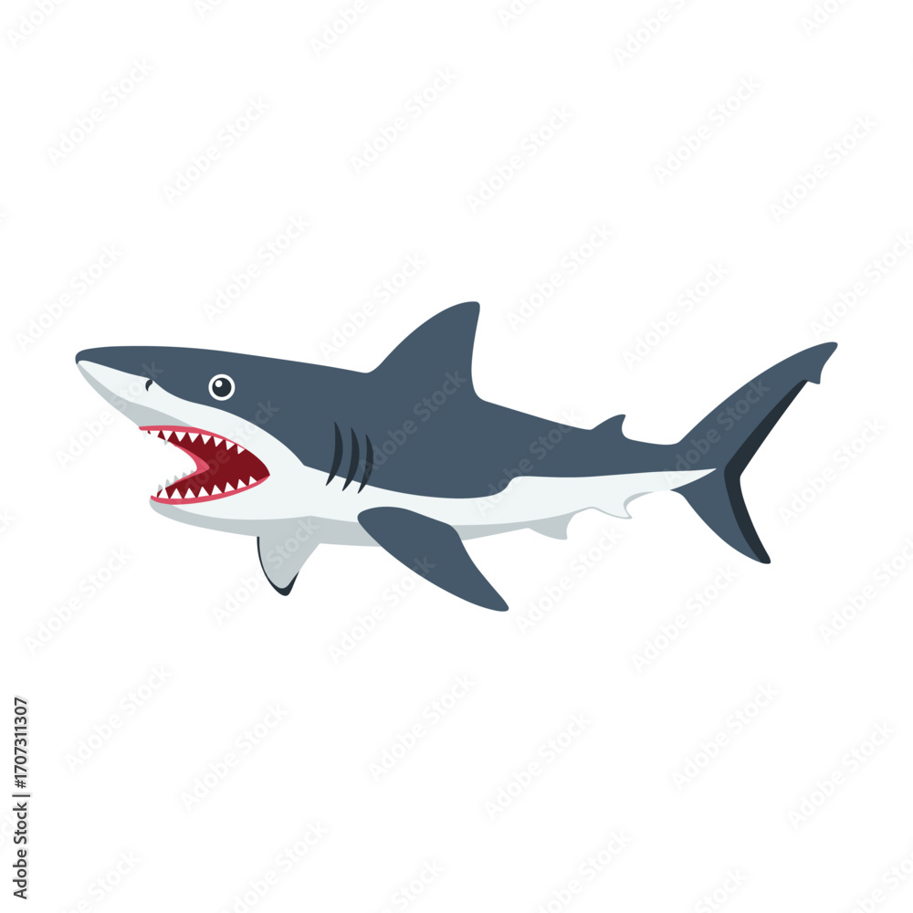 Obraz premium Cartoon great white shark illustration with open mouth – flat illustration
