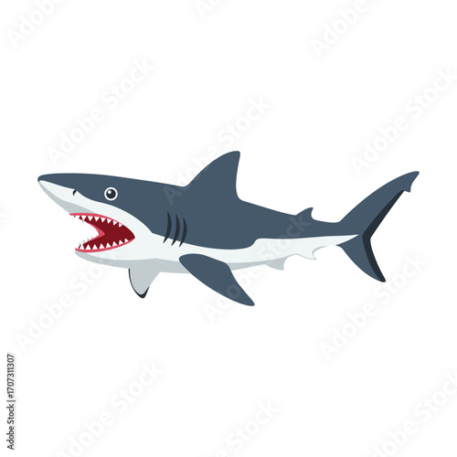 Cartoon great white shark illustration with open mouth – flat illustration