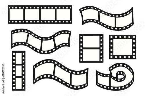 Film strip vector set. Collection of retro movie film reel shapes. Cinema photo negative border frames for creative projects. Vintage camera roll design elements isolated.
