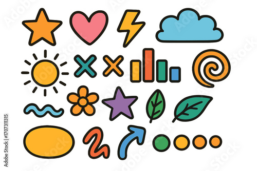 Set of colorful hand-drawn shapes and fun doodle icons. Collection of cute cartoon stickers: star, heart, sun, cloud, flower, chart. Vector abstract graphic elements.