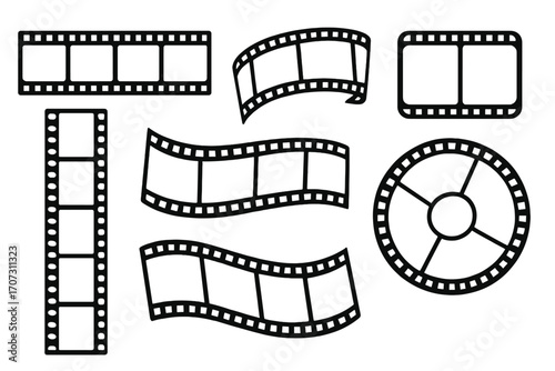 Set of film strips. Film reel collection. Movie cinema strip frame. Retro video tape border. Negative camera roll silhouette. Photography tape. Old movie icon for design.