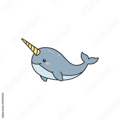 Cute cartoon narwhal with single spiral tusk – flat illustration