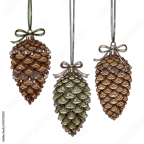 Hanging pinecone Christmas ornaments with bows and glitter accents