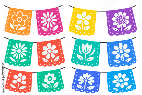 Mexican Papel Picado banner collection. Colorful paper garland decoration for Dia de los Muertos or Cinco de Mayo. Festive holiday party design with floral pattern. Vector set.