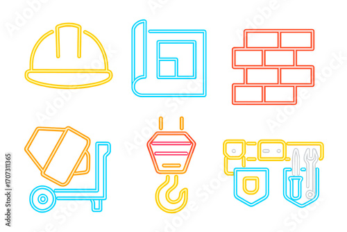 Construction neon icons set. Glowing building industry symbols. Vector graphic collection with hard hat, blueprint, brick wall, cement mixer, crane hook, and tool belt design.