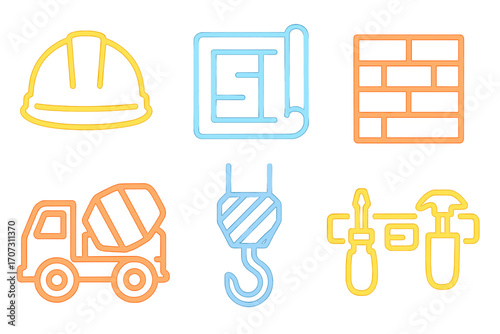 Neon construction icon set. Hard hat, blueprint, brick wall, cement mixer, crane hook, tool belt. Building industry symbols. Engineering and architecture vector elements.