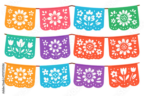 Papel Picado vector set for Mexican celebration. Colorful floral banners for Dia de los Muertos or Cinco de Mayo. Festive garland for fiesta party decoration. Latin culture.