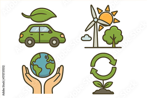Eco friendly icon set. Green energy and nature conservation concepts. Sustainable travel, wind turbine, solar power, recycling, planet care. Ecology vector illustration for Earth Day.