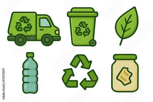 Eco-friendly icon set. Recycling concept illustration. Garbage truck, trash bin, plastic bottle, glass jar, green leaf. Ecology and environment conservation symbols. Vector.