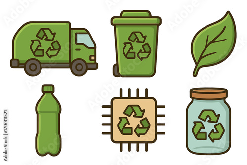 Eco friendly recycling icons set. Waste management symbols with truck, bin, bottle, jar. Green technology, sustainability concept, e-waste chip and leaf. Vector cartoon graphic.