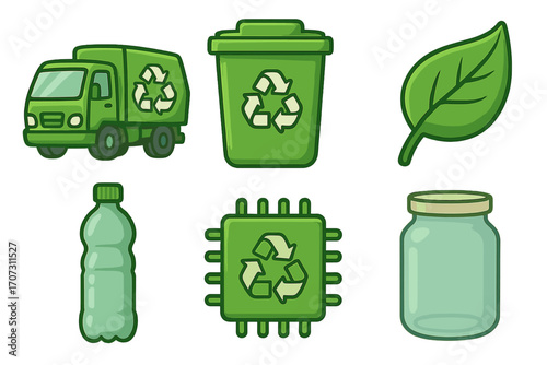 Eco friendly recycling vector icon set. Garbage truck, waste bin, green leaf, plastic bottle, e-waste chip, glass jar. Cartoon illustration for ecology, sustainability, conservation.