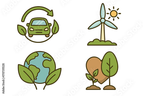 Eco friendly icons set. Sustainable concepts for green energy, electric car, wind turbine, solar power. Vector for nature conservation, ecology, planet care and recycling.