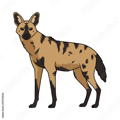Cartoon african wild dog standing proudly with spotted coat and alert expression – flat illustration
